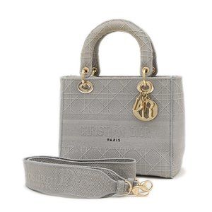 Christian Dior Dior Lady D-LITE Medium 2WAY Bag Handbag Canvas Grey Gold Hard...
